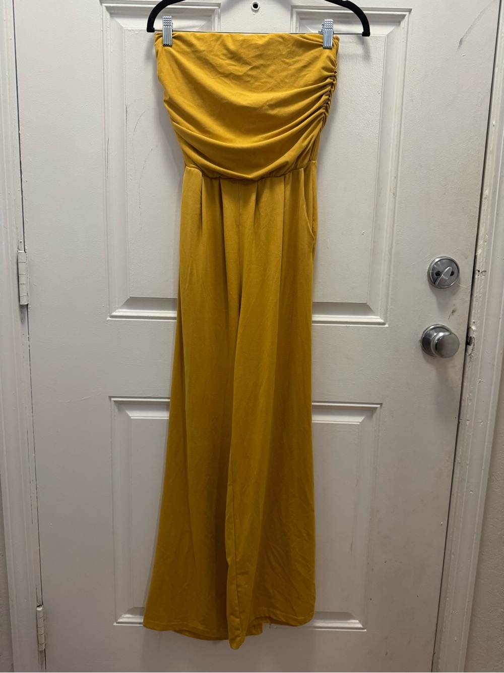 Poof! Strapless Wide-Leg Jumpsuit in Mustard Yellow 0359